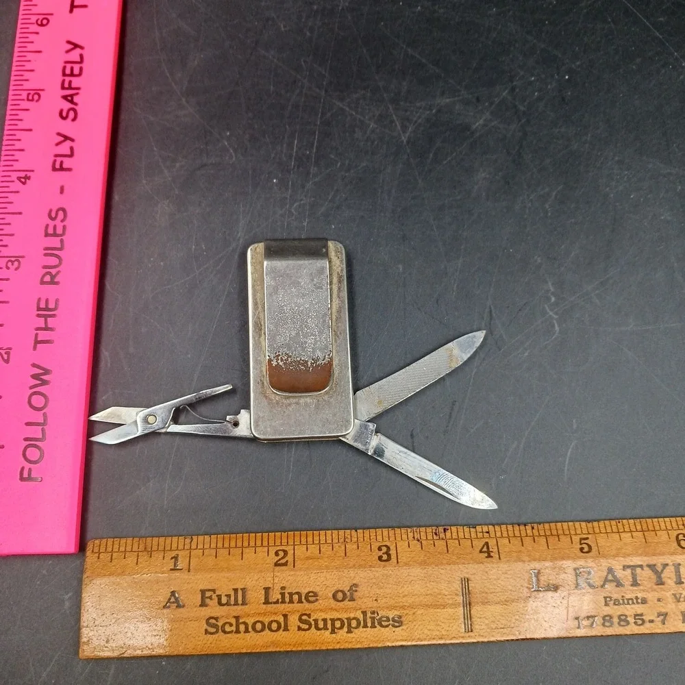 Vintage swiss style Bill Fold/money clip. Scissor, file, knife Japan Steel